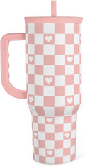 40oz Checkered and Heart Tumbler with Handle and Straw - Insulated Stainless Steel Travel Coffee Mug for Women Girls, Gift for Birthday, Christmas by SANDJEST