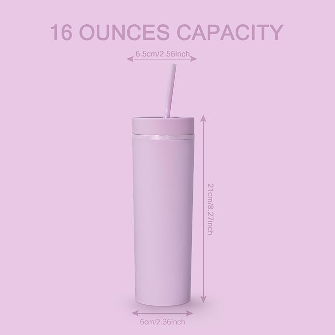 sweet grain Skinny Tumblers with Lids and Straws(6 Pack) - 16oz Matte Pastel Colored Skinny Acrylic Tumblers, Double Wall Plastic Tall Skinny Tumblers Bulk for Cold Hot Drinks - Purple - Image 6