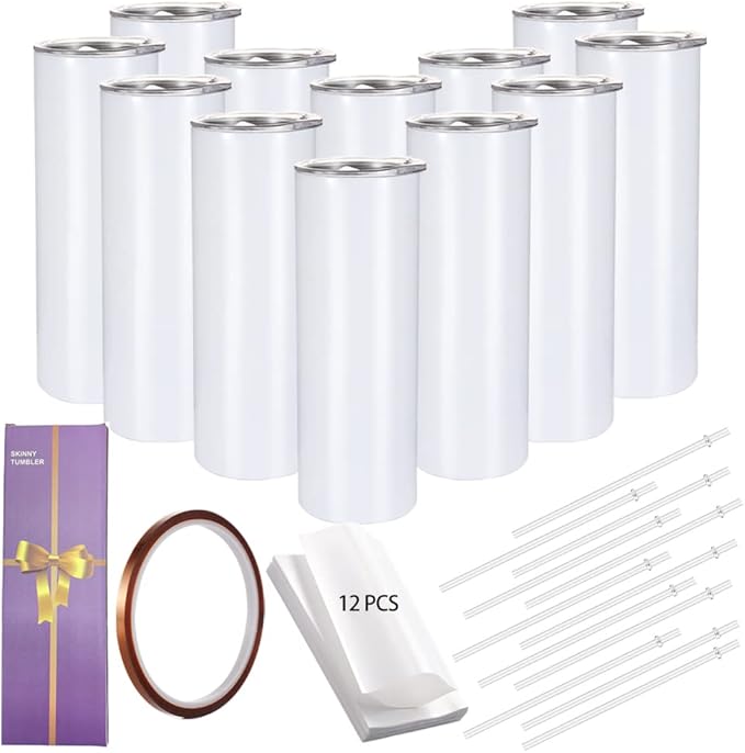 YOUKE OLA 12 Pack Straight Skinny Sublimation Tumblers 20oz for Heat Transfer, Bulk Sublimation Blanks Individually Boxed, Double Wall Insulated Tumbler with Shrink Films & Heat Tape, White (12) by YOUKEOLA