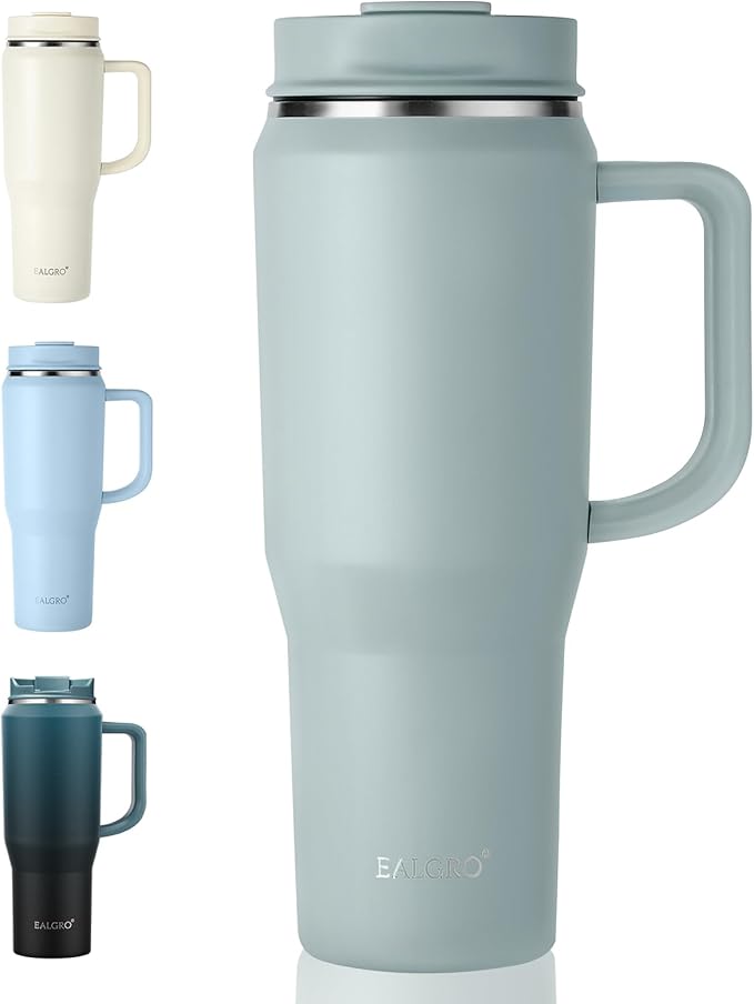 EALGRO 40 oz Tumbler with Handle, Insulated Tumblers with Lid and Straw, Large Metal Sports Water Bottle Jug, Thermal Stainless Steel Travel Coffee Mug Cup, Sage Green by EALGRO