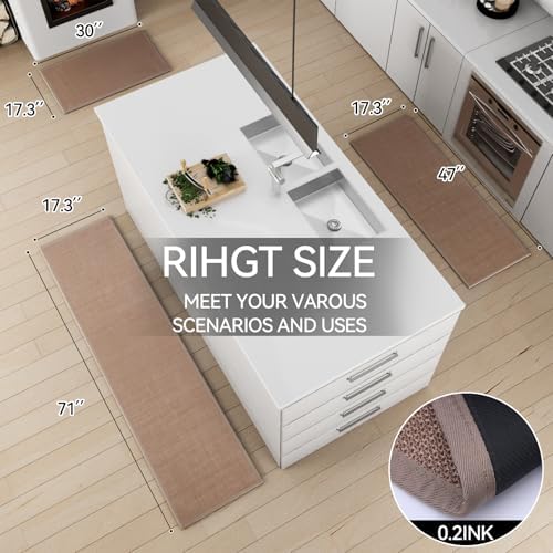 SUMLANS Kitchen Mat Set of 2 PCS, Cushioned Non Slip Rugs for Kitchen Floor, Absorbent Runner Comfort Standing Mats Washable for Kitchen, Office, Home (Camel, 17.3"x47"+17.3"x30") - Image 2