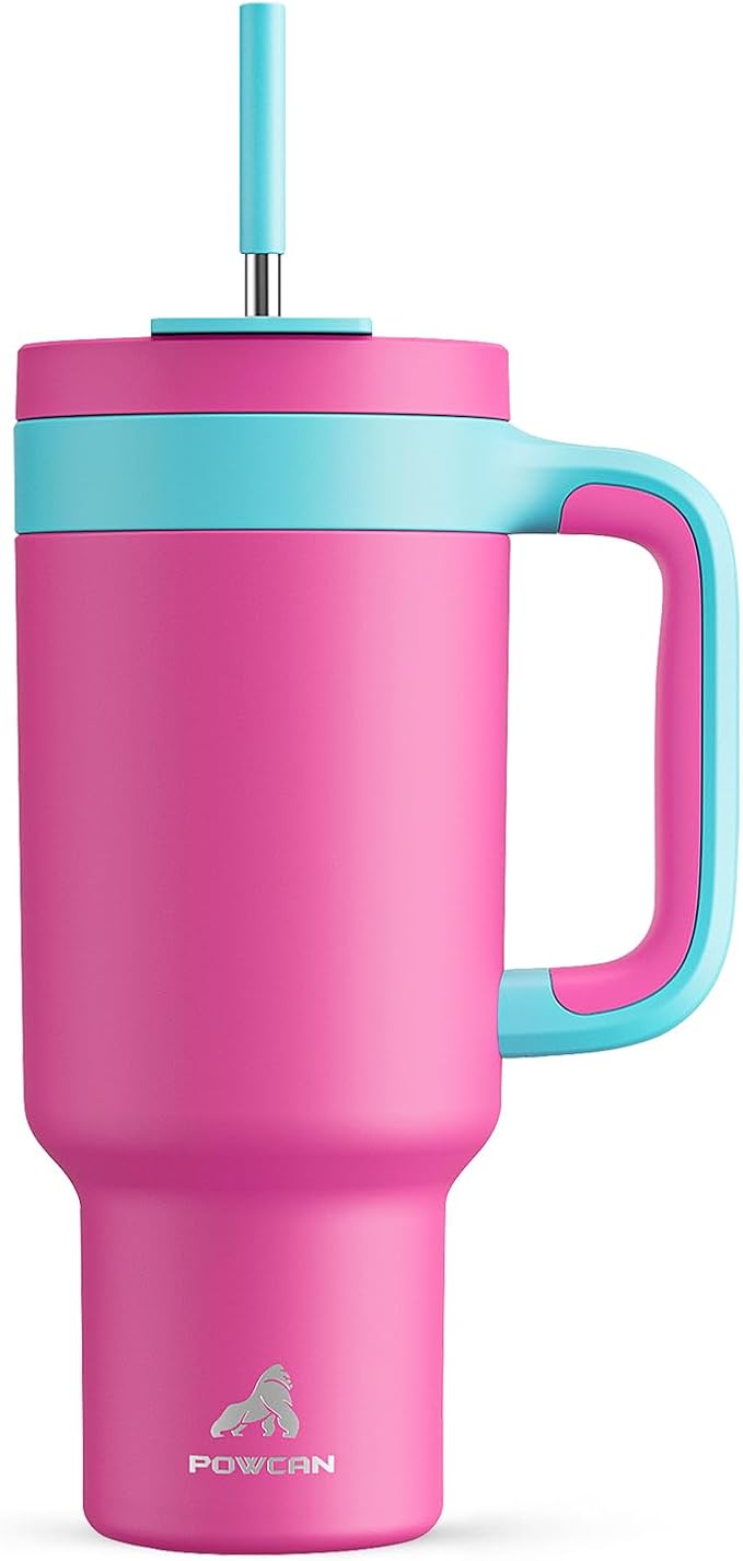 POWCAN 40 oz Tumbler with Handle, 2-in-1 Straw and Sip Lid, Leakproof, Dishwasher Safe, Insulated Stainless Steel Travel Coffee Mug, Keeps Cold for 34 Hours, Fits in Car Cup Holder (Petal) by POWCAN