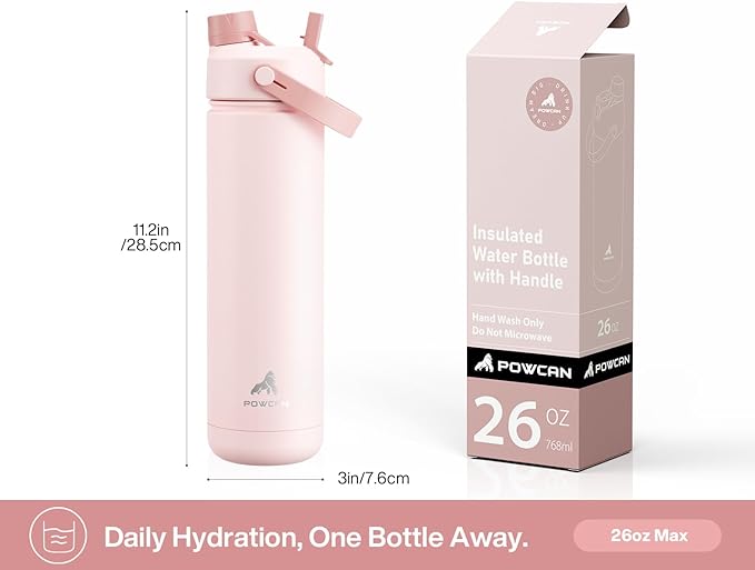 POWCAN 26 oz Insulated Water Bottle with 2-in-1 Straw and Spout Lid, Keep Cold 24H, Leak-Proof, Fits in Car Cup Holder, Stainless Steel Water Bottle for Sports, Travel, and School (Cotton Candy) - Image 6