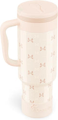 40 oz Insulated Tumbler with Handle and Push-Button Straw Lid, Stainless Steel Travel Cup for Gym Office, Leakproof, BPA-Free, Cup Holder Friendly, Bow Silicone Boot, Cream (Bow Cream) by Coquella