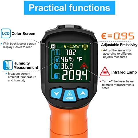 Infrared Thermometer Gun, Non Contact Digital Laser Thermometer Temperature Gun with Color LCD for Cooking, HVAC, Home Repairs, Humidity Measurement, Adjustable Emissivity -58°F to 1472°F(-50~800°C) - Image 5