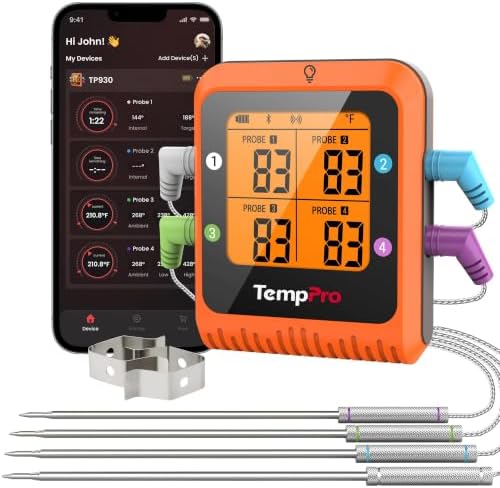 TempPro TempSync 650ft Bluetooth Meat Thermometer with 4 Color-Coded Probes by TempPro