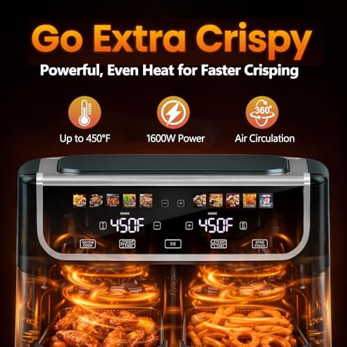Simple Deluxe 9.5-Qt Dual Basket Air Fryer, 10-in-1 Digital Preset 1700W Airfryer, Sync Cook, Independent Temp Control, Shake Reminder, Nonstick Basket, Grey - Image 3
