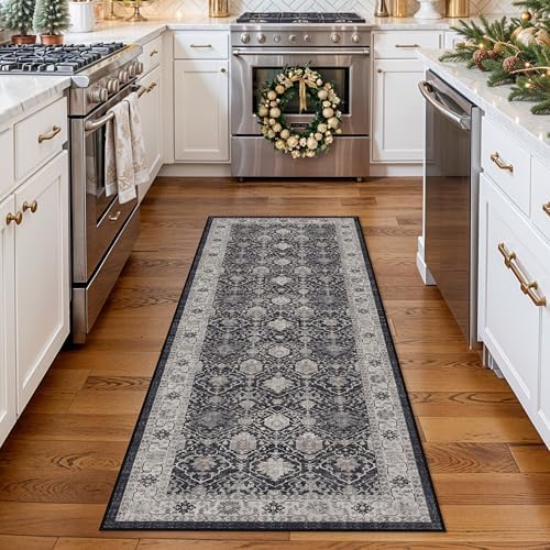 Hallway Washable Runner Rug - 2x6 Kitchen Rugs Entryway Rug Runner Vintage Soft Floor Mat Non Slip Indoor Farmhouse Carpet for Bathroom Living Room Bedroom (2 X 6, Black) - Image 2