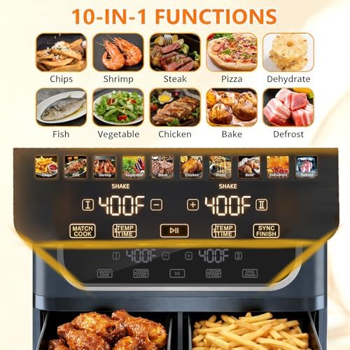 Simple Deluxe 9.5-Qt Dual Basket Air Fryer, 10-in-1 Digital Preset 1700W Airfryer, Sync Cook, Independent Temp Control, Shake Reminder, Nonstick Basket, Grey - Image 4