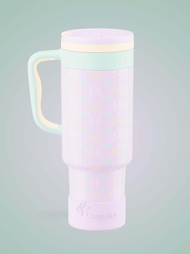 40 oz Insulated Tumbler with Handle and Push-Button Straw Lid, Stainless Steel Travel Cup for Gym Office, Leakproof, BPA-Free, Cup Holder Friendly, Bow Silicone Boot, Purple (Bow Lilac) - Image 2