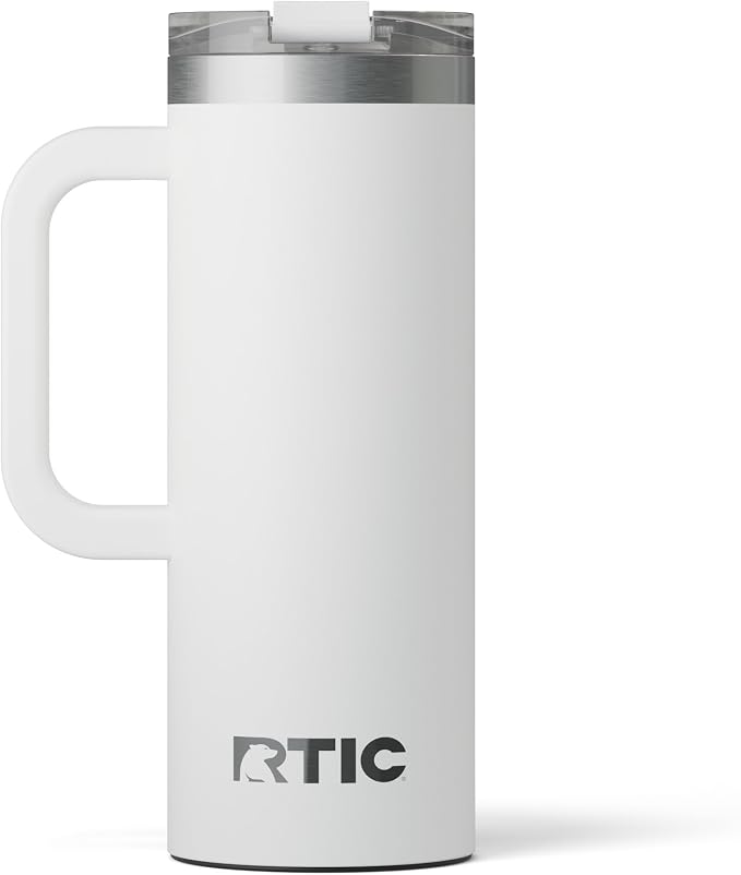 RTIC 20oz Road Trip Travel Mug with Lid and Handle, Ceramic Lined, Insulated, Stainless Steel, Metal, Double Wall Vacuum-Insulation, Portable Coffee, Tea Cup for Hot and Cold Drink, White by RTIC