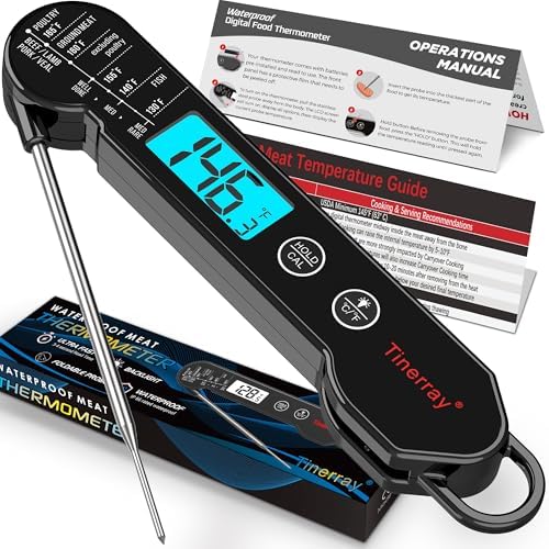 Professional Digital Meat Thermometer Instant Read Waterproof – Folding Probe Food Thermometer with Backlight & Calibration, Fast Read for BBQ, Grill, Deep Fry, Liquids, Gift for Chef (Black) by TINERRAY