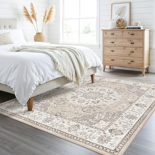 6ft Square Living Room Area Rug: Washable Oriental 6x6 Rugs for Bedroom Dining Room Non-Slip Entryway Kitchen Nursery CarpetWater Resistant Light Weight Floor Mat for Bathroom Laundry Room(6x6,Beige) - Image 2