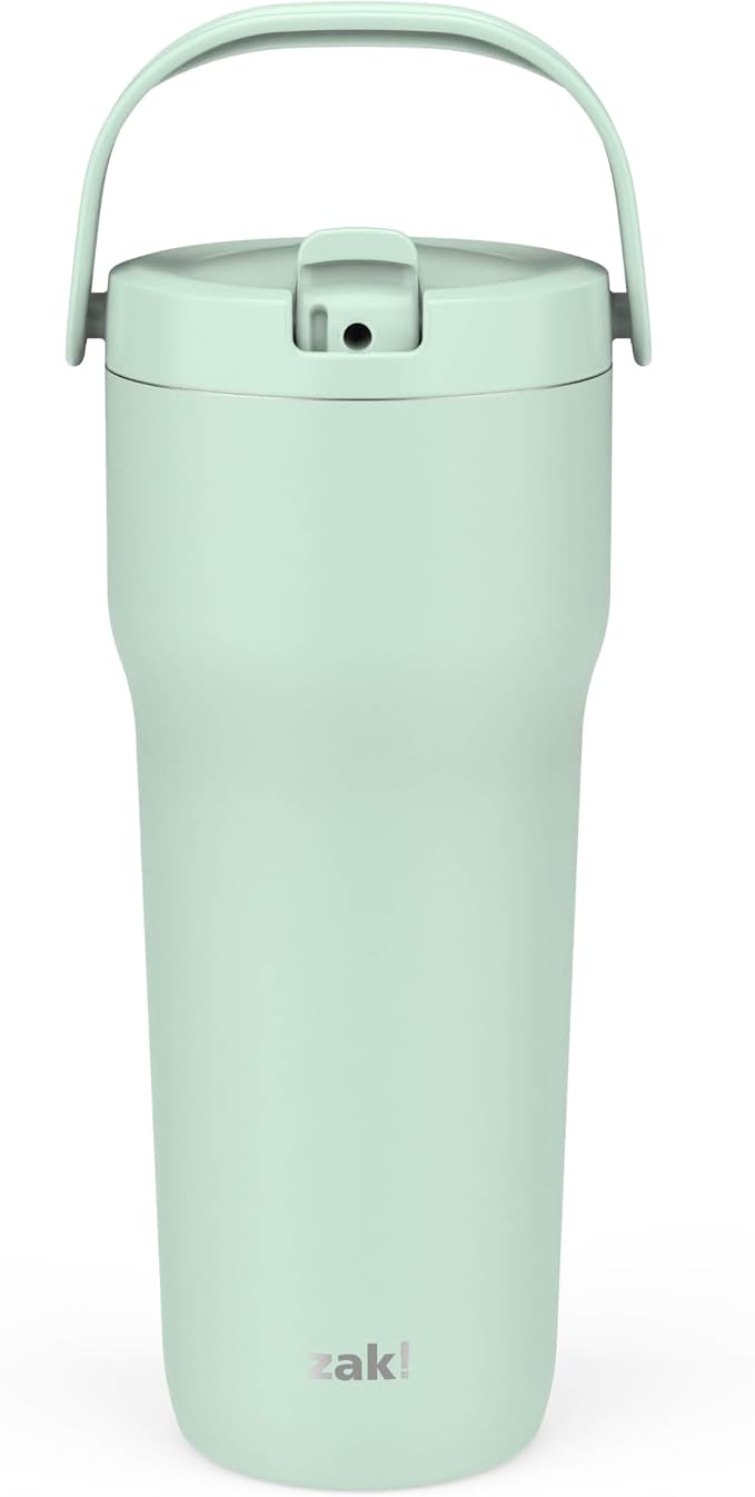 Zak Designs Sutton Travel Tumbler for On the Go, 30oz Stainless Steel with Vacuum Insulation, Straw Spout, Carry Handle for Cold Drinks (Icicle Mint Green) by ZakDesigns