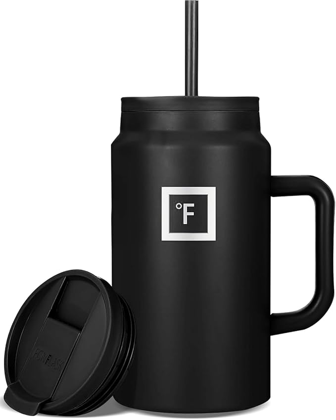 IRON °FLASK Co-Pilot Insulated Mug w/Straw & Flip Cap Lids - Cup Holder Bottle for Hot, Cold Drink - Leak-Proof - Water, Coffee Portable Travel Mug - Black, 50 Oz by IronFlask