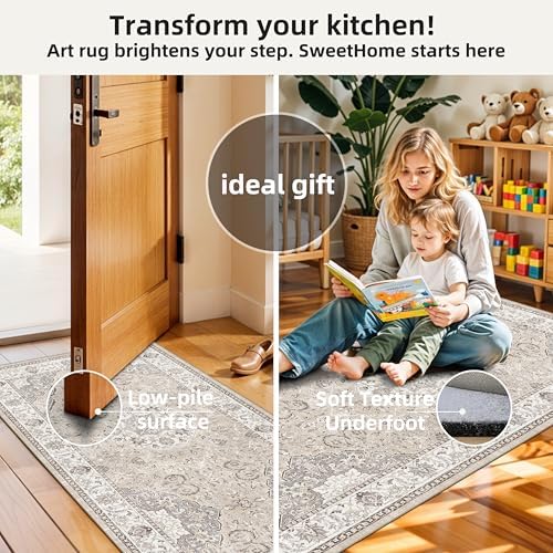 4 Pieces Kitchen Rug Set: Washable Water Resisitant Carpet for Sink Stove Area Soft Floor Mats with Non-Slip Backing for Bathroom Low-Pile Runners for Family with Elderly Dogs(2x3+2x4+2x5+2x6,Beige) - Image 6