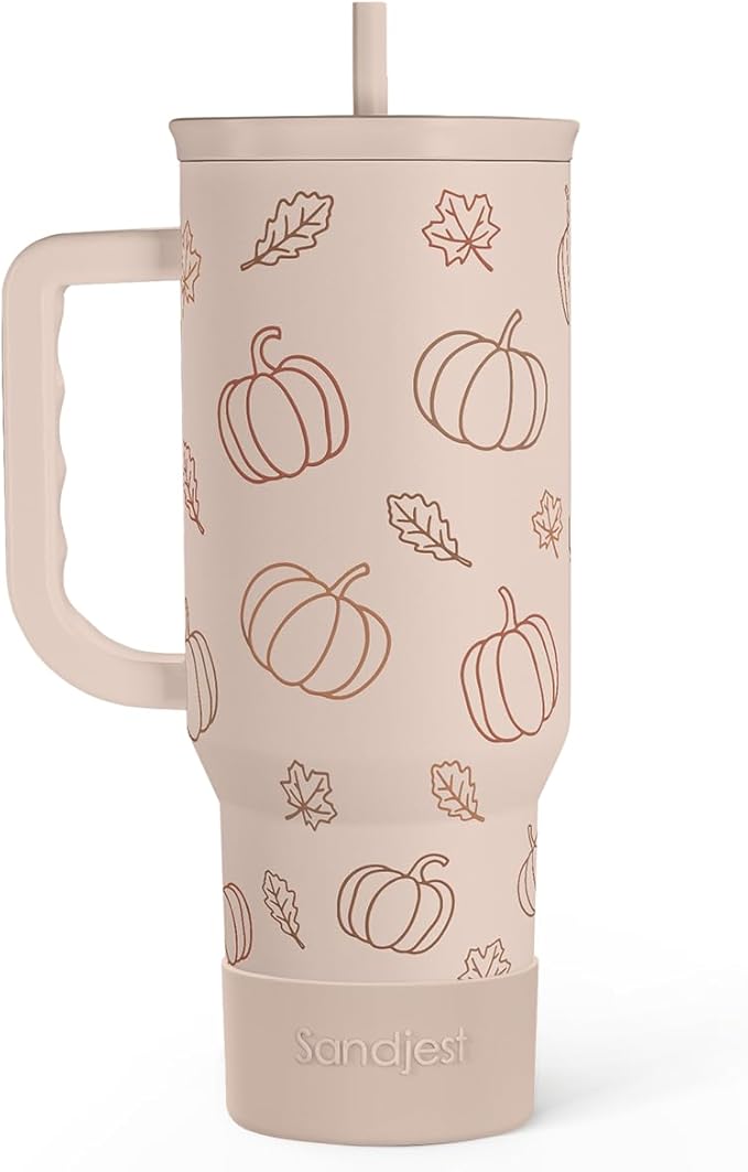 SANDJEST Pumpkin Tumbler with Handle and Straw 40oz – Stainless Sleel Slider Tumbler Travel Coffee Mug for Women - Gift Idea for Fall Autumn Halloween by SANDJEST