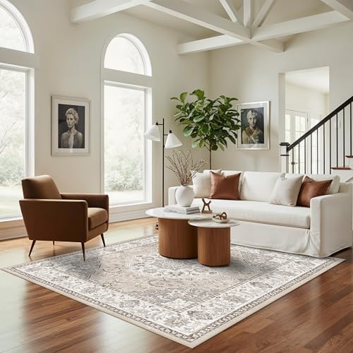 6ft Square Living Room Area Rug: Washable Oriental 6x6 Rugs for Bedroom Dining Room Non-Slip Entryway Kitchen Nursery CarpetWater Resistant Light Weight Floor Mat for Bathroom Laundry Room(6x6,Beige) - Image 4