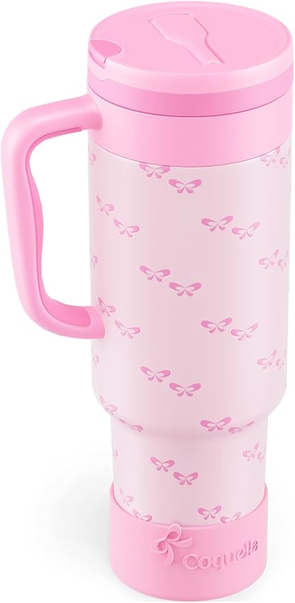 40 oz Insulated Tumbler with Handle and Push-Button Straw Lid, Stainless Steel Travel Cup for Gym Office Leakproof, BPA-Free, Cup Holder Friendly, Bow Silicone Boot, Pink (Coquette Bubblegum) by Coquella
