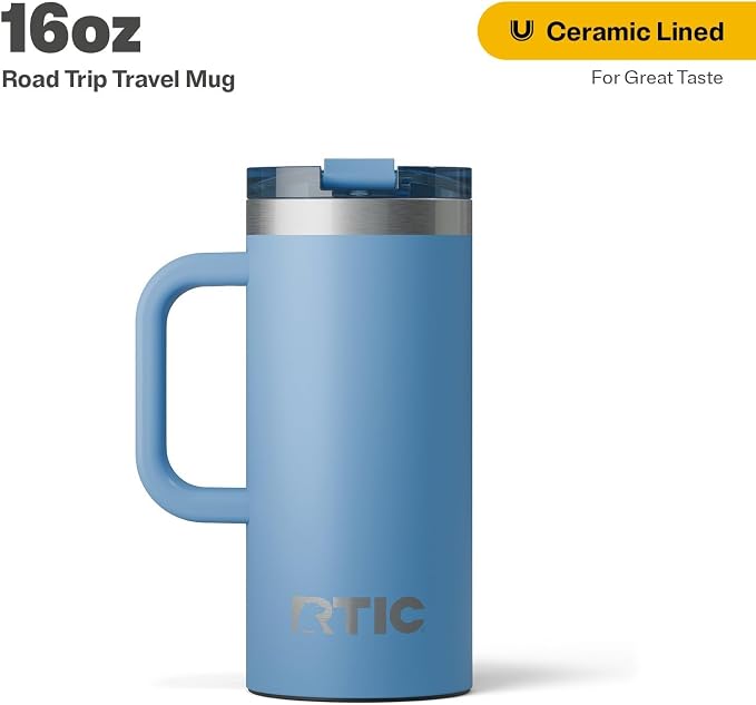 RTIC 20oz Road Trip Travel Mug with Lid and Handle, Insulated, Stainless Steel, Metal, Double Wall Vacuum-Insulation, Ceramic Lined, Portable Coffee, Tea Cup for Hot and Cold Drink, Denim - Image 2