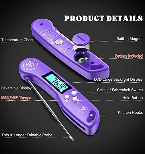 DOQAUS Meat Thermometer – Temperature Dial Thermometers for Cooking Backlight & Auto-Rotating Display, Kitchen Gadgets Essentials for BBQ Oven Grill Smoker Candy Purple - Image 6