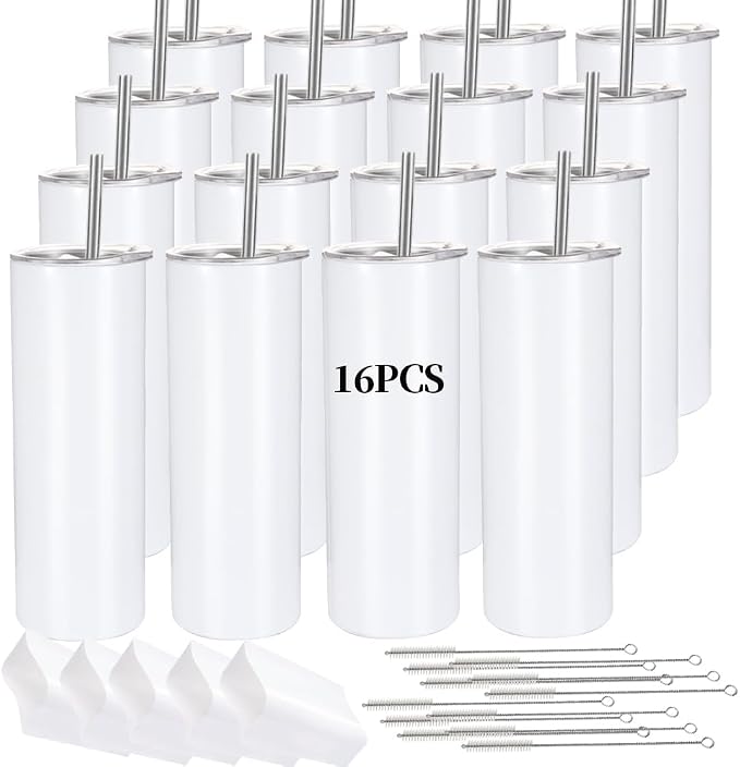 16 Pack Sublimation Tumblers Straight Skinny Tumbler Blanks Bulk 20oz for Heat Transfer, Individual Gift Boxed, Double Wall Insulated Tumbler with Shrink Wrap & Straws by YOUKEOLA