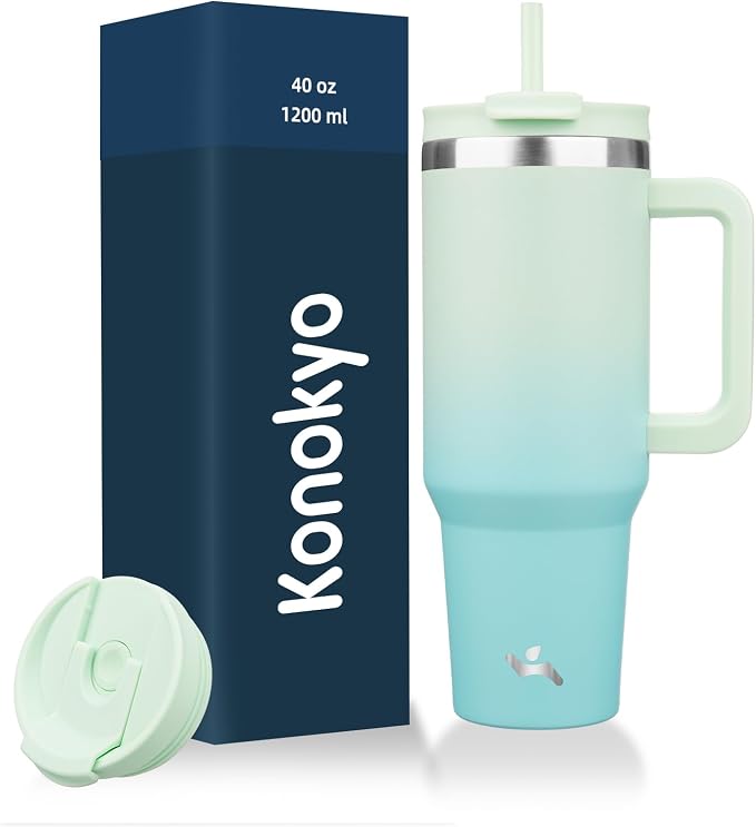 Konokyo 40 oz Tumbler with Handle and 2 Straws,2 in 1 Lid Insulated Water Bottle Stainless Steel Travel Coffee Mug,Mint by Konokyo