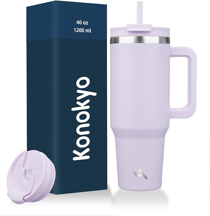 Konokyo 40 oz Tumbler with Handle and 2 Straws,2 in 1 Lid Insulated Water Bottle Stainless Steel Travel Coffee Mug,Wisteria by Konokyo