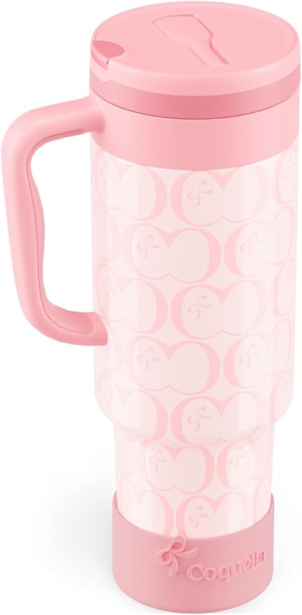 40 oz Insulated Tumbler with Handle and Push-Button Straw Lid, Stainless Steel Travel Cup for Gym Office, Leakproof, BPA-Free, Cup Holder Friendly, Bow Silicone Boot, Pink (C’ Blush) by Coquella