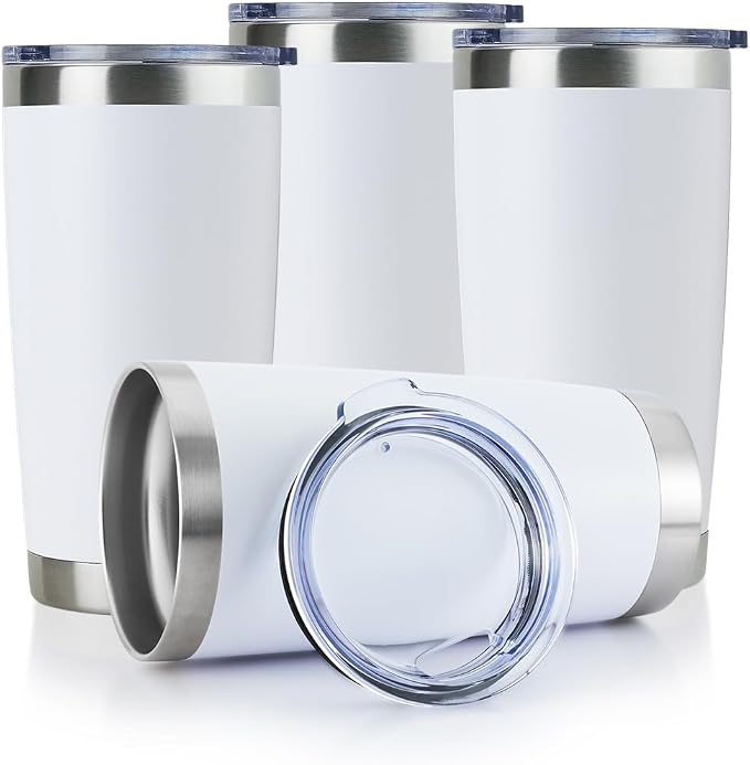 DOMICARE 20oz Stainless Steel Tumbler Bulk with Lid, Double Wall Vacuum Insulated Travel Mug, Powder Coated Coffee Cup, Powder White, 4 Pack by VisittheDOMICARE