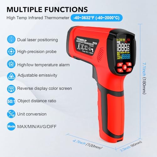 Infrared Thermometer Temperature Gun, -40℉-3632℉, Non Contact Digital Laser Thermometer Pyrometer 50:1 High Temp with Color LCD Display for Industrial HVAC Forge Metal Smelting - Image 2