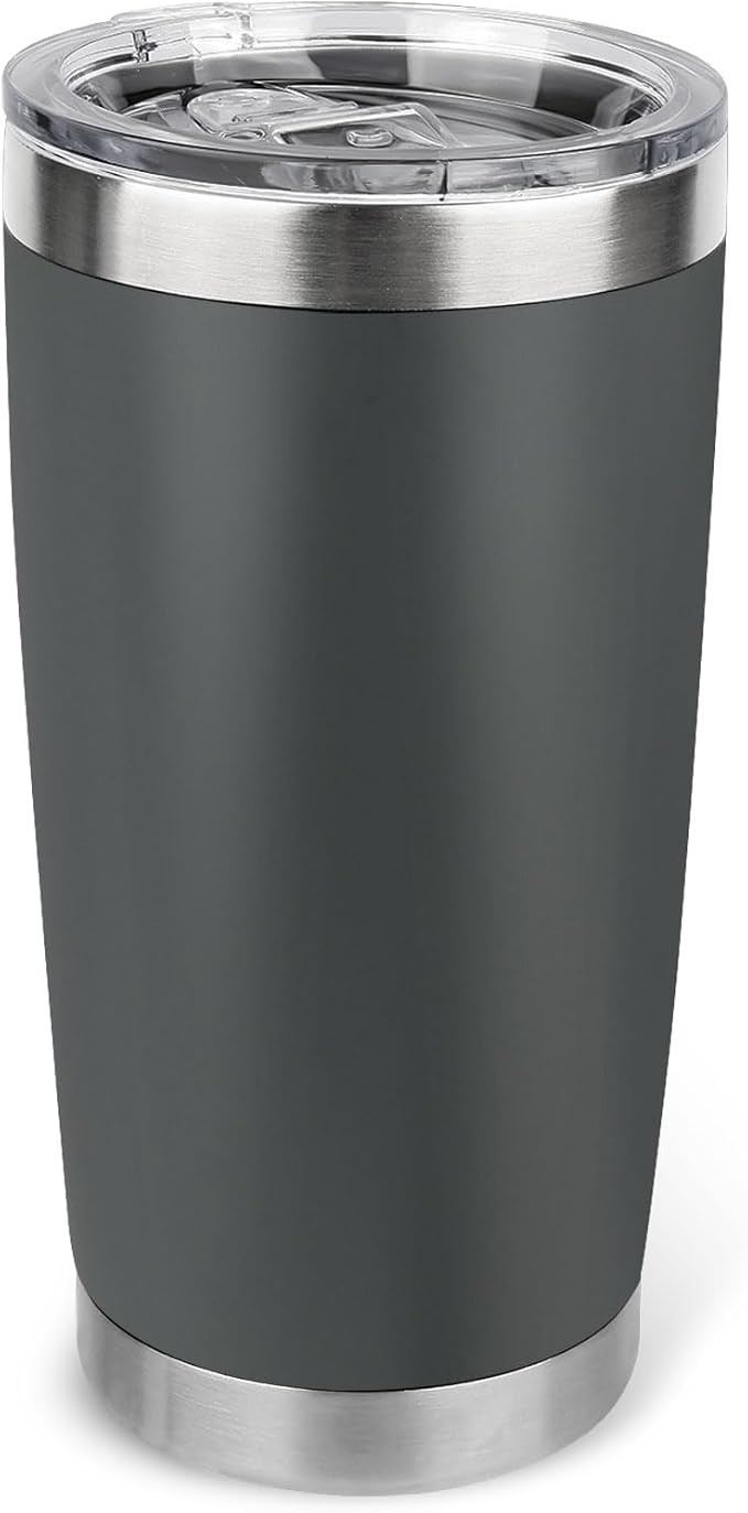 20oz Stainless Steel Tumbler with Lid, Travel Mug - Double Wall Vacuum Powder Coated Cup - Grey, 1 Pack by Unknown