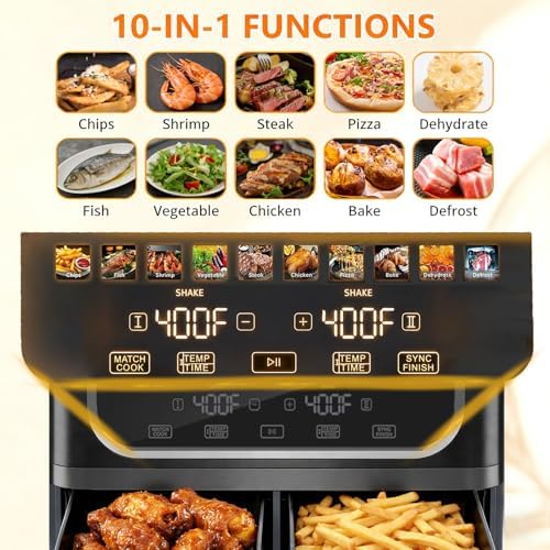 Simple Deluxe 9.5-Qt Dual Basket Air Fryer, 10-in-1 Digital Preset 1700W Airfryer, Sync Cook, Independent Temp Control, Shake Reminder, Nonstick Basket, Black - Image 3