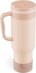 40 oz Insulated Tumbler with Handle and Push-Button Straw Lid, Stainless Steel Travel Cup for Gym Office, Leakproof, BPA-Free, Cup Holder Friendly, Bow Silicone Boot, Beige (Cream Latte) by Coquella