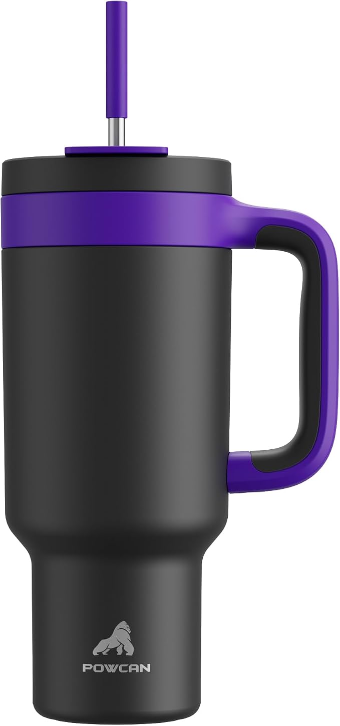 40 oz Tumbler with Handle, 2-in-1 Straw and Sip Lid, Leakproof, Dishwasher Safe, Insulated Stainless Steel Travel Coffee Mug, Keeps Cold for 34 Hours, Fits in Car Cup Holder (Iris) by POWCAN
