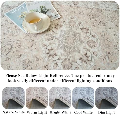 6ft Square Living Room Area Rug: Washable Oriental 6x6 Rugs for Bedroom Dining Room Non-Slip Entryway Kitchen Nursery CarpetWater Resistant Light Weight Floor Mat for Bathroom Laundry Room(6x6,Beige) - Image 3