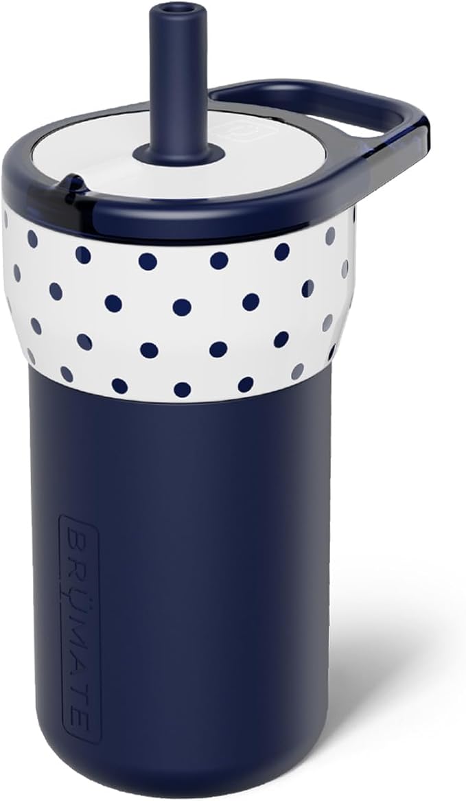 BrüMate Leap 12oz 100% Leakproof Kids Tumbler with Handle & Silicone Soft Straw | Durable Drop Resistant Silicone Sleeve | Made of Insulated Stainless Steel | Cup Holder Friendly | (White Polka Dots) by Br%C3%BCMate