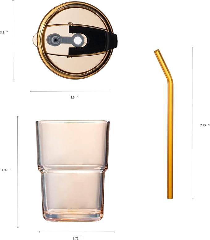 BLUEPOLAR 13 oz Tumbler Water Glass, Water Bottle with Straw and Dustproof Lid, Coffee Ice Cup Double Wall Insulated Glass Cup (Amber-4pack) - Image 3