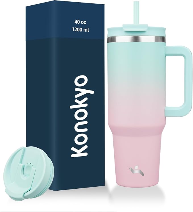 Konokyo 40 oz Tumbler with Handle and 2 Straws,2 in 1 Lid Insulated Water Bottle Stainless Steel Travel Coffee Mug,Gum by Konokyo