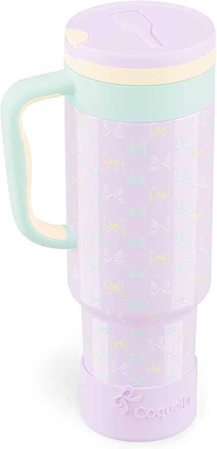 40 oz Insulated Tumbler with Handle and Push-Button Straw Lid, Stainless Steel Travel Cup for Gym Office, Leakproof, BPA-Free, Cup Holder Friendly, Bow Silicone Boot, Purple (Bow Lilac) by Coquella