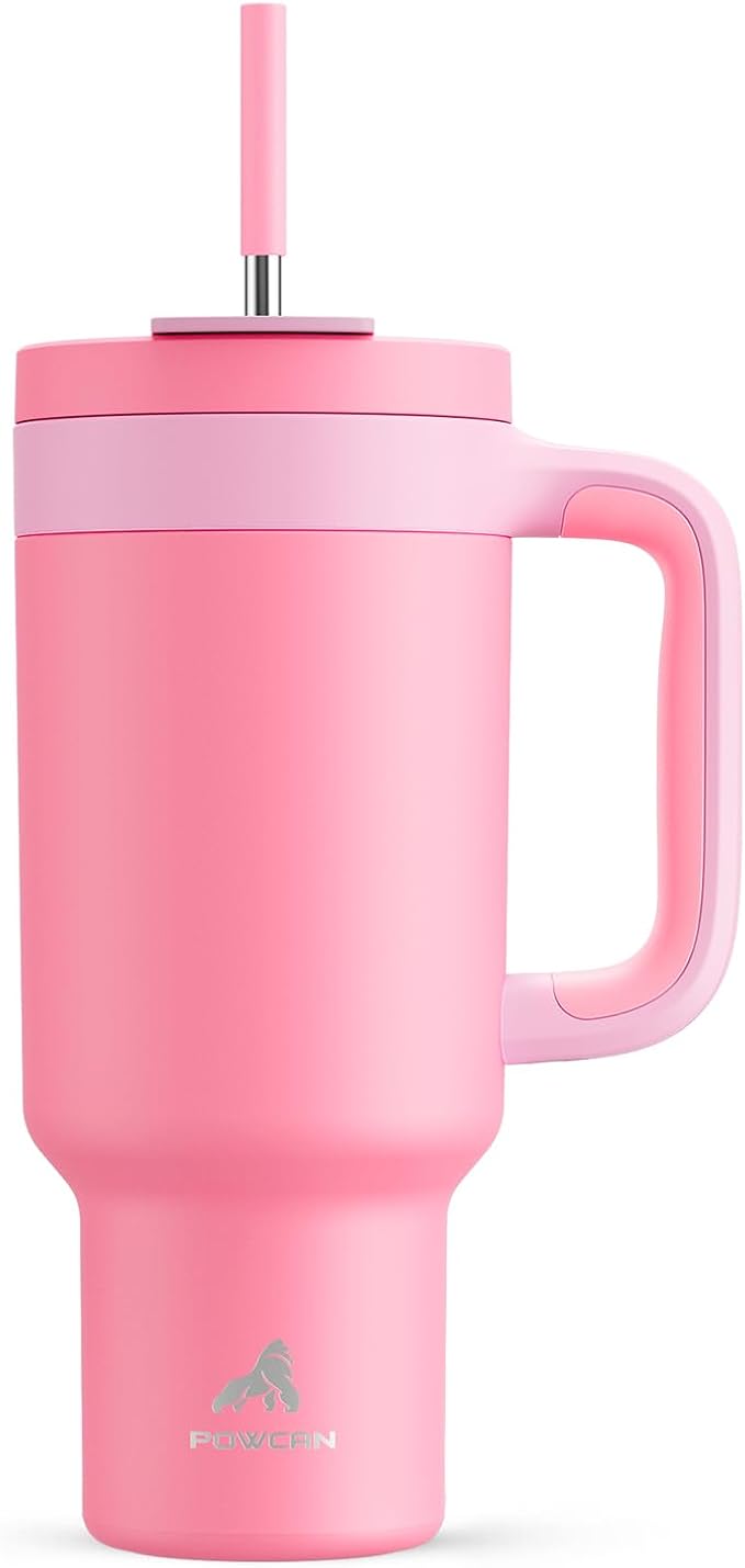 POWCAN 40 oz Tumbler with Handle, 2-in-1 Straw and Sip Lid, Leakproof, Dishwasher Safe, Insulated Stainless Steel Travel Coffee Mug, Keeps Cold for 34 Hours, Fits in Car Cup Holder (Coral) by POWCAN