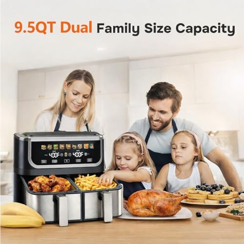 Simple Deluxe 9.5-Qt Dual Basket Air Fryer, 10-in-1 Digital Preset 1700W Airfryer, Sync Cook, Independent Temp Control, Shake Reminder, Nonstick Basket, Black - Image 7