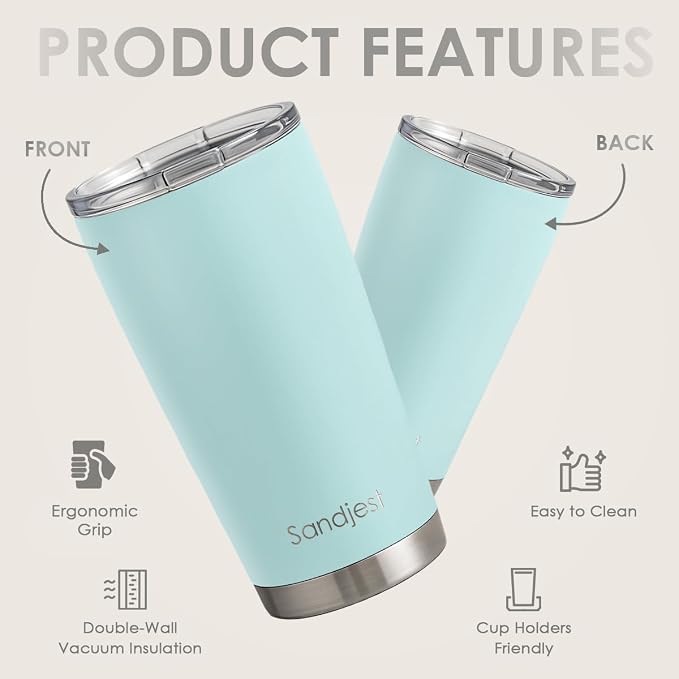 SANDJEST Stainless Steel Tumbler 20 oz, Double Wall Vacuum Insulated Mug with Lid, Travel Coffee Cup for Women Girls Friends Sisters, Birthday Christmas (Pale Turquoise) - Image 2