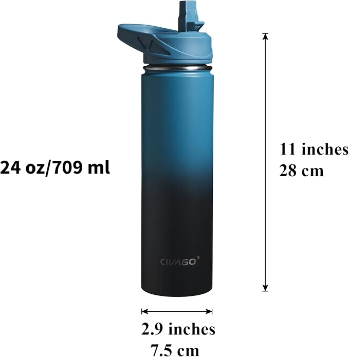 CIVAGO 24 oz Insulated Water Bottle With Straw, Stainless Steel Sports Water Flask Cup with 3 Lids (Straw, Spout and Handle Lid), Double Walled Travel Thermal Canteen Mug, Indigo Black - Image 4