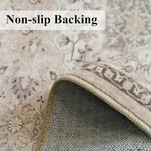 6ft Square Living Room Area Rug: Washable Oriental 6x6 Rugs for Bedroom Dining Room Non-Slip Entryway Kitchen Nursery CarpetWater Resistant Light Weight Floor Mat for Bathroom Laundry Room(6x6,Beige) - Image 5
