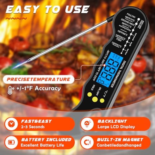 Instant Read Meat Thermometer, Fast & Accurate Digital Food Thermometer with Backlight, Waterproof & Magnet for Grilling, Cooking, BBQ, Smoker, Baking, and Candy Making (Black) - Image 4
