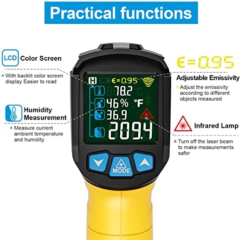 Infrared Thermometer Temperature Gun, -58°F to 1472°F, Digital Laser Thermometer Gun with Probe for Cooking, HVAC,Ovens,Grill & Engine, IR Thermometer Temp Gun with Adjustable Emissivity & Humidity - Image 4