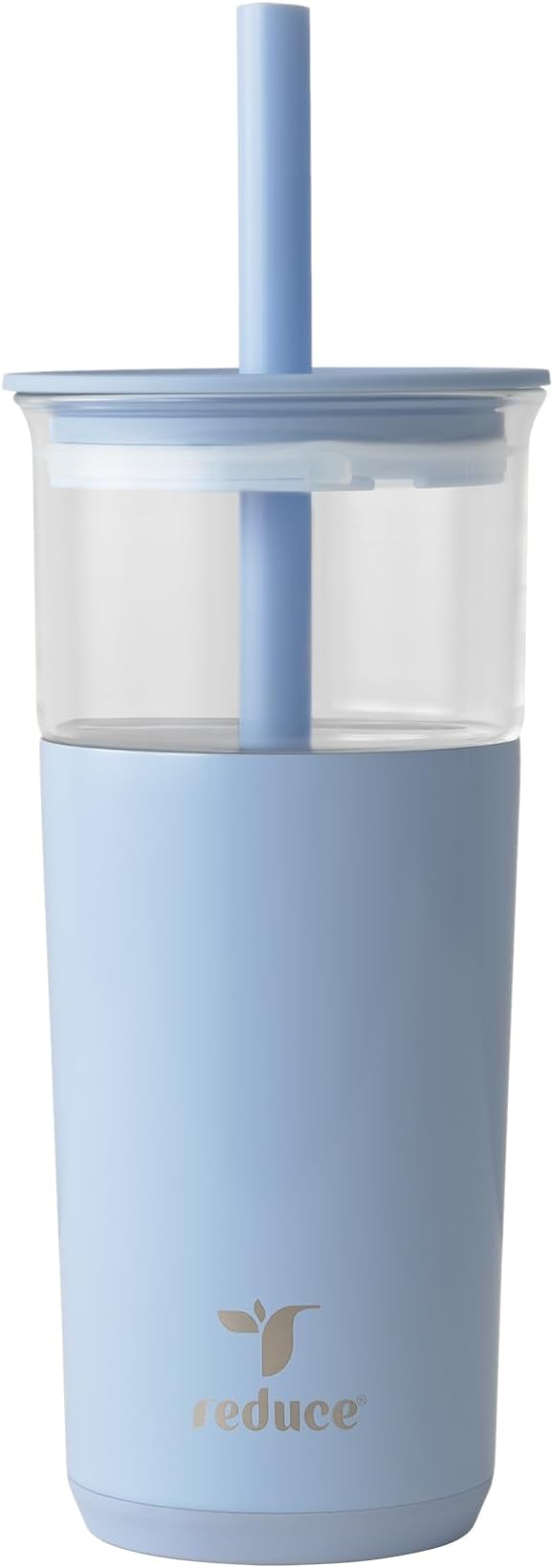 REDUCE Aspen 20 oz Vacuum Insulated Glass Tumbler with Lid & Extra Wide Straw - Keeps Drinks Cold for 12 Hrs - Ideal for Iced Coffee, Smoothies & Boba - Dishwasher Safe, Soft Base - Glacier by Reduce