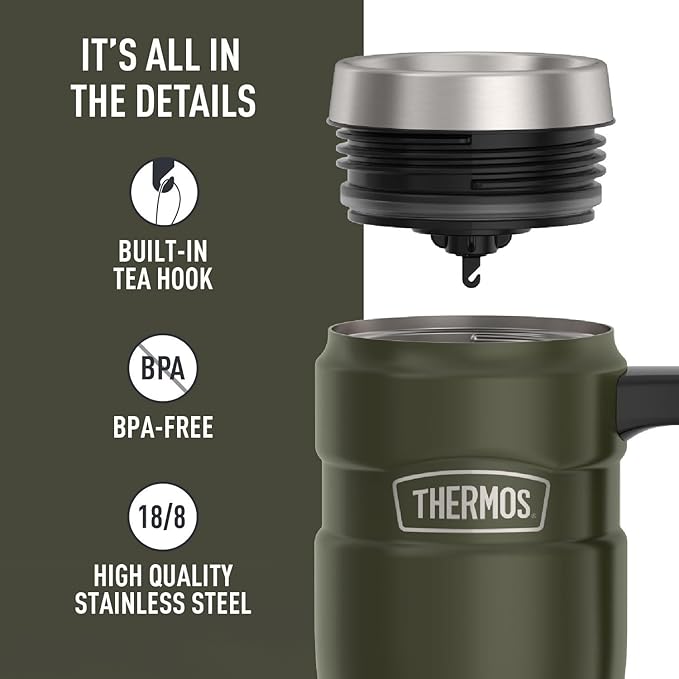 THERMOS Stainless King Vacuum-Insulated Travel Mug with Handle - 16oz, Army Green - Thermos Tumbler for Hot & Cold Drinks - Leak-Proof & Sweat-Proof Stainless Steel Coffee Mug with Lid for Commuting - Image 4