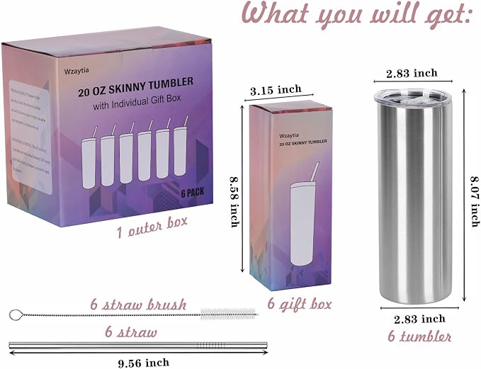6 Pack 20 Oz Straight Skinny Tumblers,Individually Gift Boxed Stainless Steel Slim Skinny Tumbler Set Bulk, 20 Oz Insulated Slim Thin Travel Tumbler Cup for Diy, Silver - Image 2